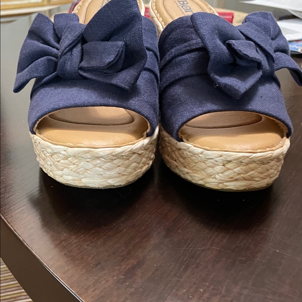 Born Women's Navy and Tan wedge sandals with Bow - Picture 11 of 11